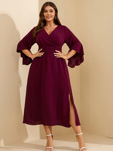 RWJ Women Plus Size Wedding Guest Maxi Dress Summer Wrap V Neck Ruffle 3/4 Sleeve Swiss Dot Slit Cocktail Dresses3