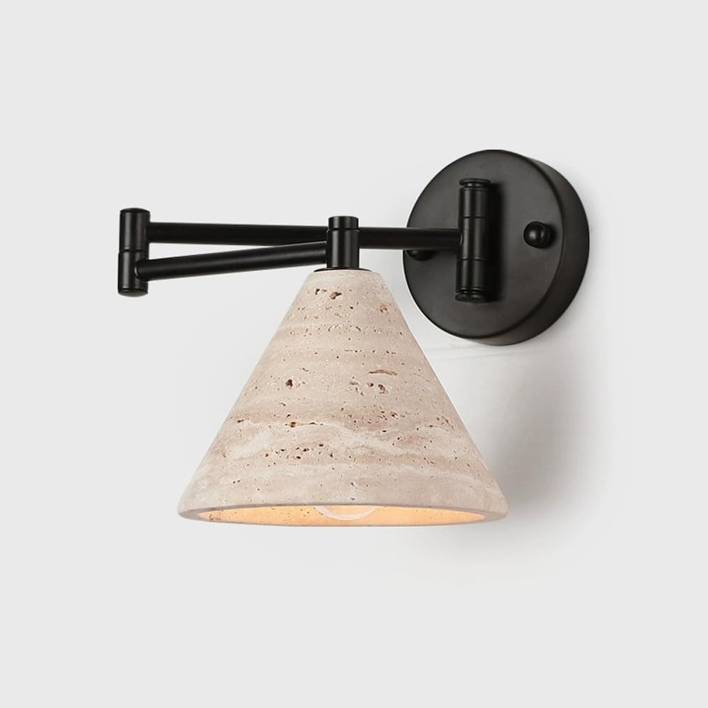 HUAYUSEDF Black Swing Arm Wall Lamp, Vintage Yellow Travertine Wall Light Fixtures, Natural Stone Lampshade Wall Sconce, for Study/Living Room/Bedroom Lighting