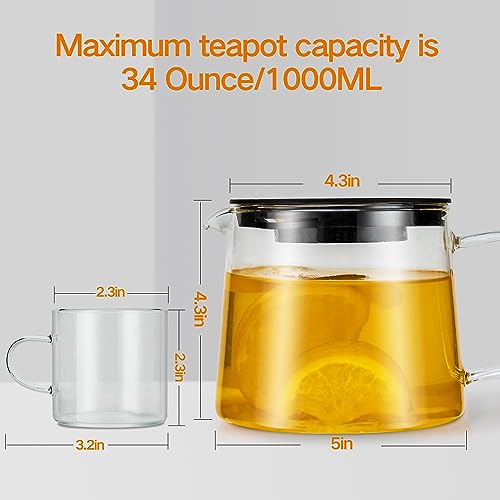 Ymmind B-TEAPOT-34OZ-4C Glass Teapot 34Oz/1000Ml With 4 Pack Tea Cups Gift Set thumb #5