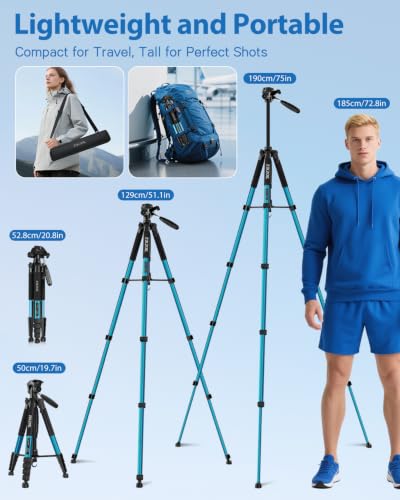 Image of 75 inch Heavy Duty Camera Tripod Stand - Max Load 15LB, Aluminum Travel Tripod for DSLR /Phone /Tablet /Projector, 3-Way Pan Head & Quick Release Plate, Compact Foldable Design (Blue)