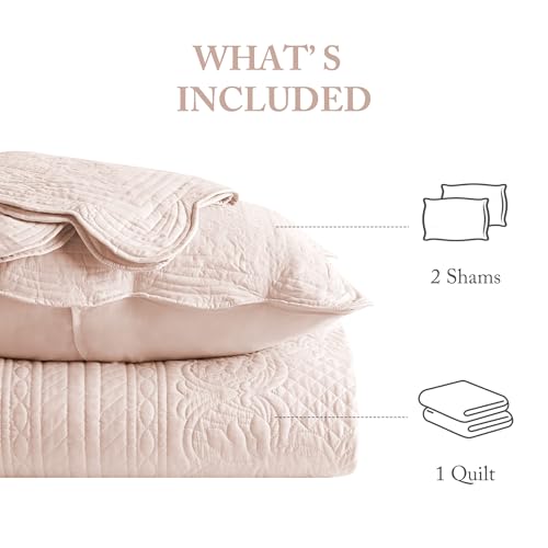 Image of Madison Park Cottage Damask Coverlet Set, 3 PC Full /Queen Quilt Set | Scallop Edge, All Season Oversized Bedding with Pre-washed Cotton-Filled Quilt, Shams, Blush