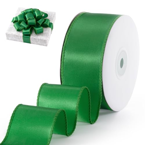 FAKILO Green Satin Wired Ribbon 1.5 Inch X 20 Yards Green Christmas Ribbon Wired for Gift Wrapping Christmas Tree Decoration Bows Making Wreath DIY Crafts Holiday Decor and Home Decor