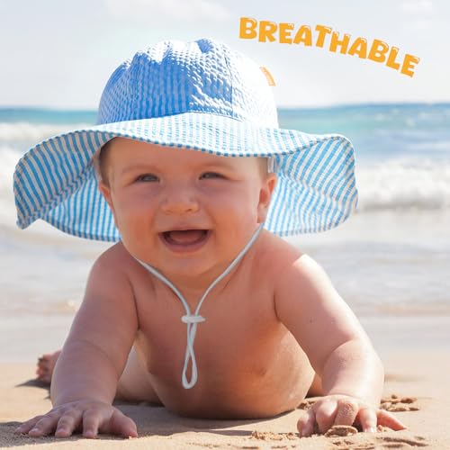 Image of HONGTEYA Baby Sun Hat Toddler Girl Beach Hat Sun Protection Adjustable Outdoor Summer Wide Brim Bucket Hat for Infant Kids