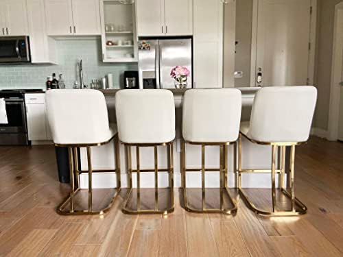 Erste!Bravo White Counter Height Bar Stools with Back Set of 4 for Kitchen Counter 24 Inch Modern Gold Barstools Faux Leather Upholstered Farmhouse Bar Chairs Island Stools Support 330LBS, White+Gold