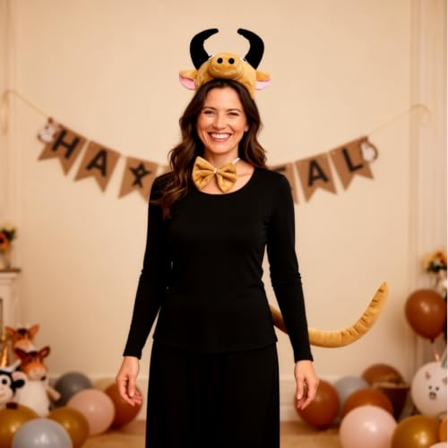 Image of Cattle Headband with Bow and Tail Costume Set, Halloween Animal Ears Costume Dress Up Suit, Cosplay Party Supplies for Adult