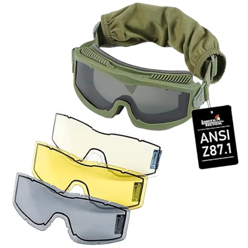 Lancer Tactical AERO Airsoft Tactical Safety Goggles ANSI Z87.1, 3mm Dual Pane Anti-Fog Lens for Hunting, Paintball, Cycling (Green)