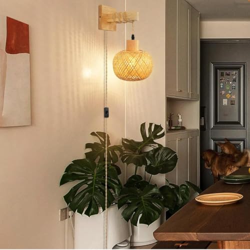 Aplique de pared E27 con enchufe e interruptor de ratán para pasillo 5