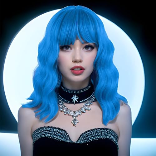 Cetiq Short Bob Wigs with Bangs for Women Loose Wavy Wig Curly Wavy Shoulder Length Bob Synthetic Cosplay Wig for Girl Colorful Costume Wigs (Blue)