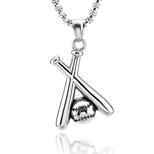 HZMAN Baseball and Baseball Bat Cross Youth Sports Stainless Steel Pendant Necklace 24'' Chain (Silver)