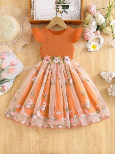 Image of TAGAS Girls' Dress|Elegant Beige Baby Girl Dress with Lace Ruffles & Floral Embroidery - Long Sleeve Princess Birthday Party Dress | Comfortable & Stylish Kids Wear| PartFrock for Kids |