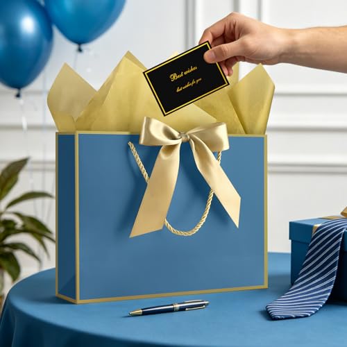 Image of JMANNI Gift Bags with Handles, 13 inch Medium Gift Bag for Presents, 2 Pcs Bags with 4 Tissue Paper and 2 Cards for Baby Shower Wedding Bridal Shower Mother's Day Birthday Party(blue-gold)