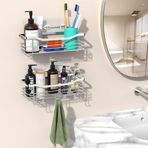 Image of IBELL Stainless Steel Wall-Mounted Floating Shelf for Bathroom, Living Room and Kitchen | Corner Rack for Bathroom | Shampoo Holder Multipurpose Bathroom Shelf with Adhesive(Pack of 2) IBL FX-05
