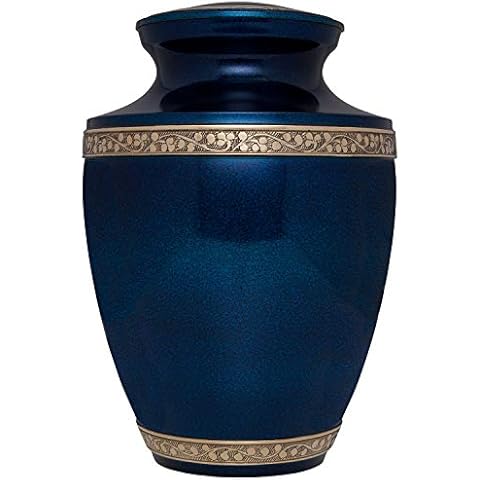 Liliane Memorials Blue Funeral Cremation Urn for Human Ashes - Hand Made in Brass - Suitable for Cemetery Burial or Niche - Large Size fits remains of Adults up to 200 lbs - Torino Model Cover