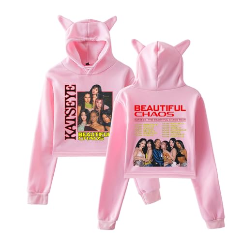 KATSEYE 2025 The Beautiful Chaos Tour Merch - Sudadera con capucha con orejas de gato para mujer, sudadera de moda para los fanáticos del concierto, rosa, XS