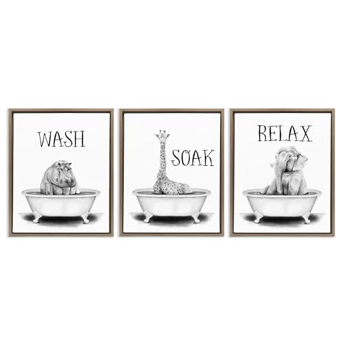 Image of Jungle Animals Bathroom Signage, 16 x 20 Inch Canvas in Floater Frame Set | Stupell Industries . By Rachel Nieman . Ready to hang . Great for bath and laundry . Made in USA