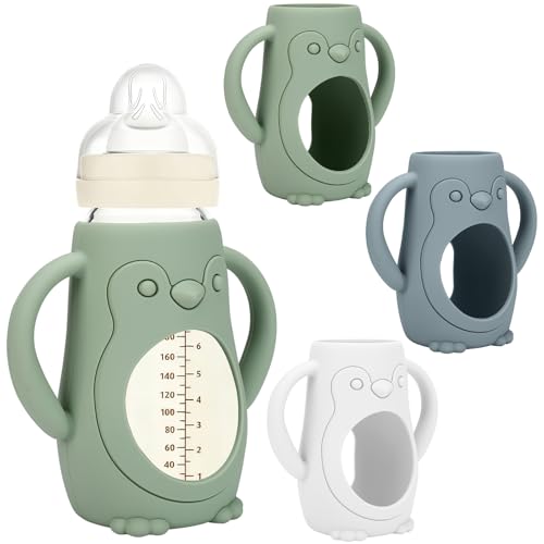 Image of BUSOHA 3 Pack Silicone Sleeves for MAM Bottles - Baby Bottle Sleeves Compatible with MAM Glass Bottles Anti Breakage Baby Bottle Holder with Handle,9 OZ