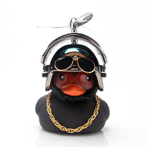 wonuu Duck Car Dashboard Decorations Cool Black Rubber Duck for Car Funny Car Accessories Rubber Duck with Thruster Helmet Sunglasses, and Gold Chain Cool Ornaments