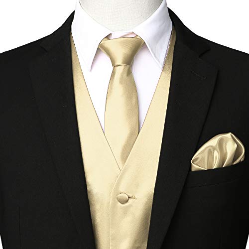 Zeroyaa Men's Solid 4Pc Shiny Satin Vest Necktie Bowtie Pocket Square Set For Suit Or Tuxedo Zlsv12 Champagne Large #TOP1