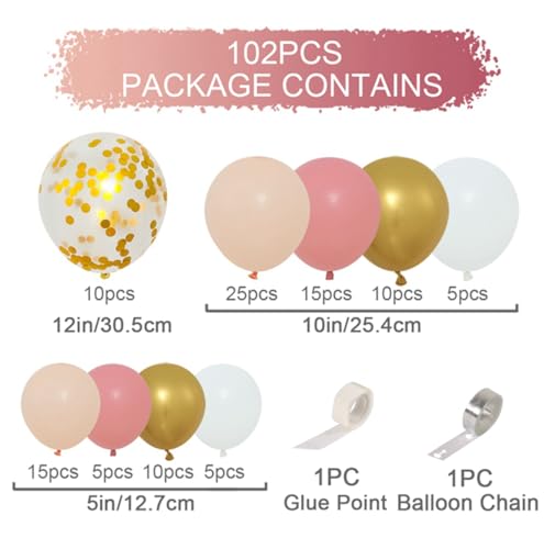 Rose Gold Balloon Arch Kit, 102pcs Beige Retro Pink Balloon Garland Arch with Gold Confetti Balloons for Girls Women's Birthday Party Decoration, Wedding, Baby Shower, Bridal Shower