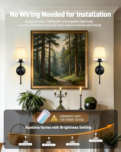 Image of 10000mAh Battery Operated Wall Sconce Set of 2,Rechargeable Wall Sconces set of Two,Vintage Black Sconces Wall Decor,Wireless Wall Lamp,Cordless Wall Lights Living Room Bedroom (Not Peel and Stick on)