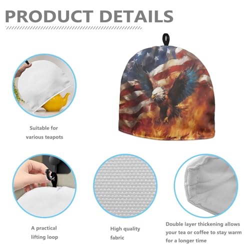 Image of Tea Cosy Tea Pot Cozies Cover Insulating Keep Warm Teapot Dust Cover Gift for Holiday Home Party Decor July 4th Patriotic American Flag Eagle Flame Print