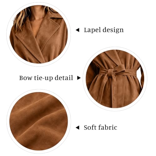 Rianclud Womens Faux Suede Cropped Jackets Lapel Tie Waist Short Coat - image 7