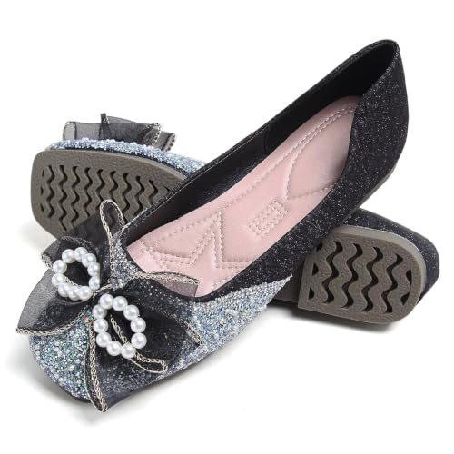 Image of SAILING LU Women's Rhinestone Square Toe Bowknots Ballet Flats Loafers