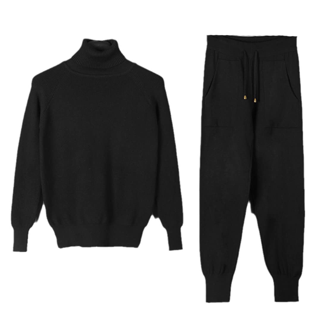 Set da donna in maglia a due pezzi per sport a collo alto caldo maglione da donna + pantaloni harem invernali con coulisse, Nero , Etichettalia unica