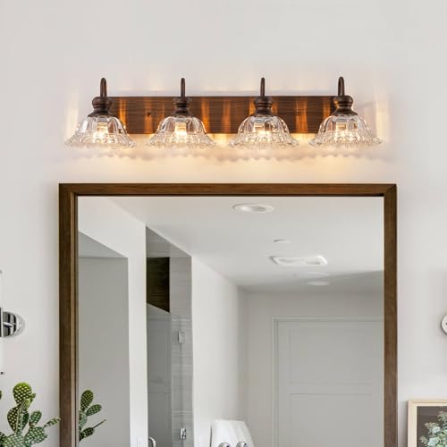 Image of EDISLIVE ORB 4-Light Vintage Vanity Light for Bathroom Bath Wall Light Fixture with Clear Flower Glass Shades 33.74 inch E26 Antique Wall Sconce for Bedroom Hallway Living Room Vanity Mirror