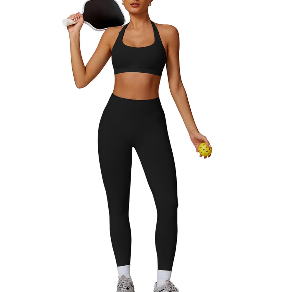 JN JANPRINT Nahtlose Fitness-Sets für Damen, 2-teilig, Neckholder, rückenfrei, Sport-BHs, versteckte Scrunch-Leggings, Yoga-Outfits, Workout-Trainingsanzug