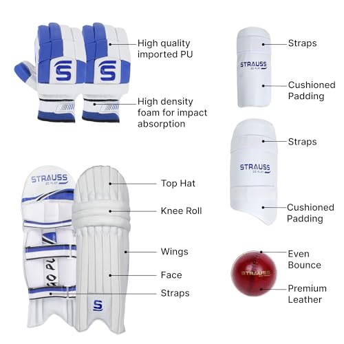 Image of Strauss Complete Cricket Kit Set with Bat, Ball, Helmet, Pads, Gloves, Guard & Kit Bag | Full Cricket Starter Set for Boys, Youth & Beginners | Right Hand | Blue