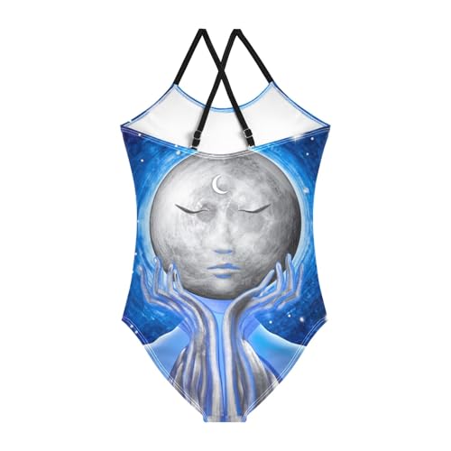 CHIFIGNO Cosmic Moon Face Girl One Piece Swimsuit, Quick Dry Crossback Bathing Suit Toddler for Beach 3T2