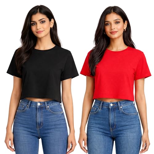 Image of Hangout Hub Women Crop Top T-Shirts | Round Neck Plain Solid Tshirts | Double Weaved | Shrink Free Tees | Casual T-Shirt for Woman Ladies Girls(Cotton|Pack of 3)