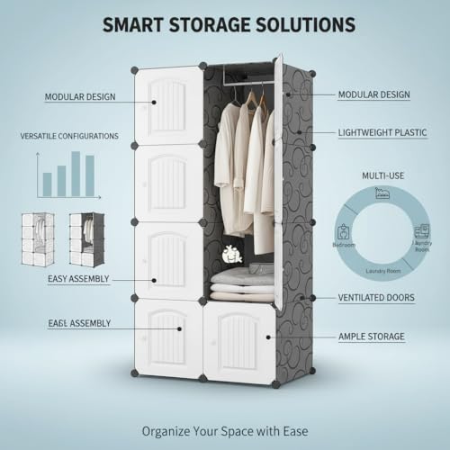 Image of EXVITO Collapsible Wardrobe Storage Cabinet | 8 Door Plastic Modular Clothes Organizer for Kids | Foldable Wardrobe Storage Rack with Hanging Space | Multi-Purpose Kids Closet Organizer - White