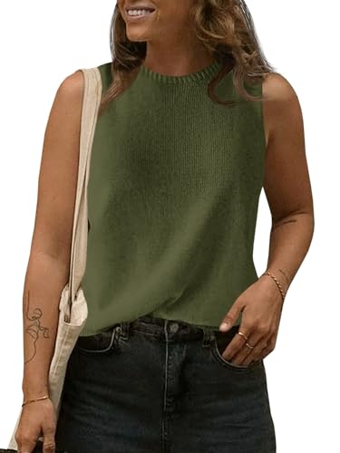 Imily Bela Womens Summer Sweater Vest Casual Crew Neck Knit Sleeveless Sweater Trendy Pullover Tank Top Army Green