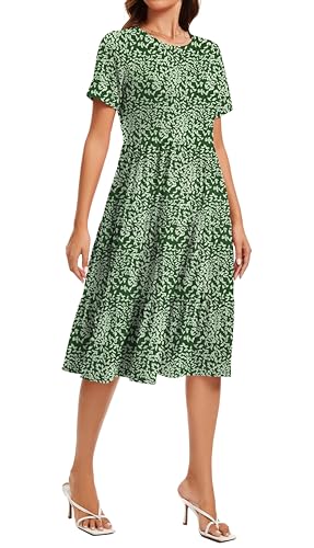 Image of Womens Summer Short Sleeve Crew Neck Midi Dress 2026 Casual Fit Flowy Tiered Beach Vacation Sundress with Pockets