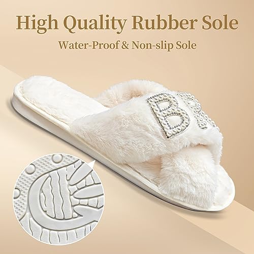VOPHIA Bride Fuzzy Slippers - Cross Band Soft Wedding Slippers for Bridal Shower3
