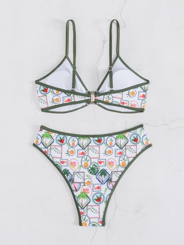 Image of Fanuerg Women's Triangle Bikini Sets O Ring Linked Two Piece Swimsuits Floral Printed Cheeky Bathing Suit
