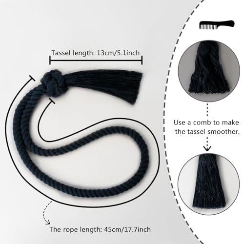 Pretty Jolly 2 Pack Natural Cotton Rope Tassel Curtain Tiebacks Boho Home Decor Drape Tie Backs Hand Woven Ball Curtain Holdbacks for Thin & Thick Home & Office Window Draperies (Dark Blue) - Image 4