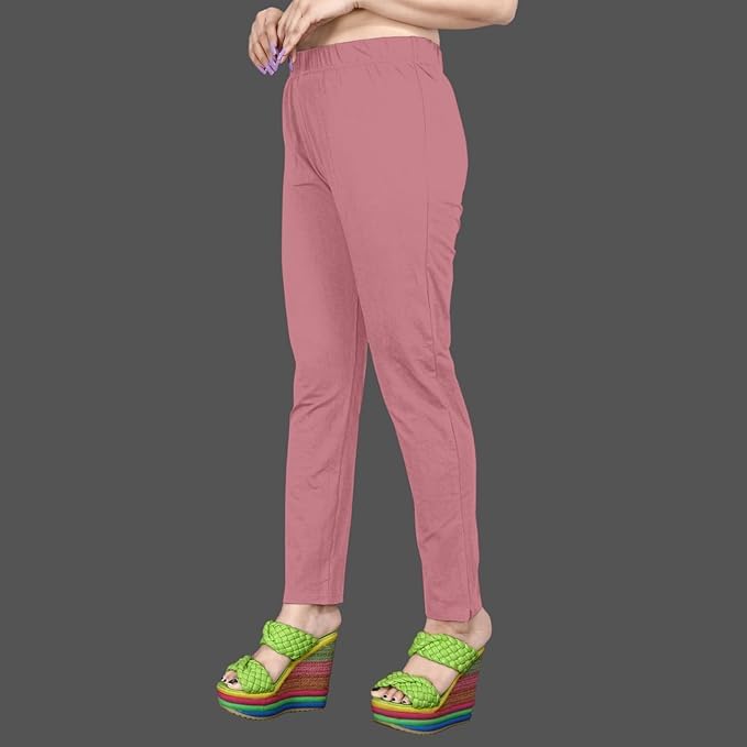 Image of Women's Solid Cotton Lycra Pants-High Waist Slim Fit Stretchable Leggings - Comfortable Long Trousers for Casual, Office & Everyday Wear