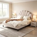 Full Size Upholstered Bed Frame with Flower Pattern Headboard, Beige