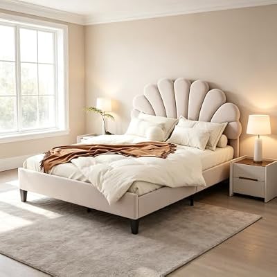 Full Size Upholstered Bed Frame with Flower Pattern Headboard, Beige