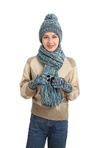 Insun Conjunto feminino 3 em 1 de inverno com forro de lã, cachecol e luvas de malha para tela sensí