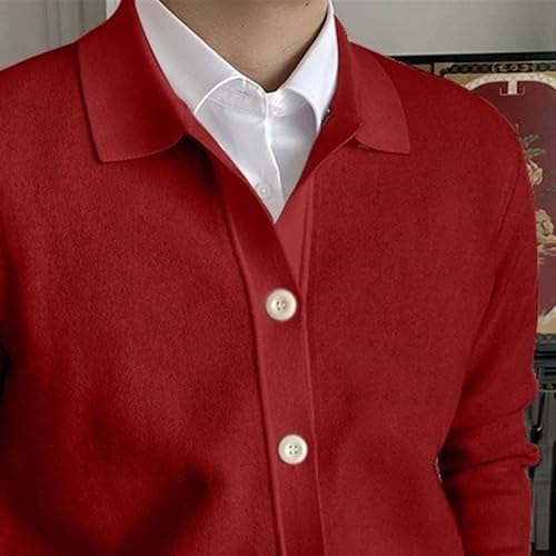 Cable Knitted Cardigan Sweater for Men Lightweight Open Front V Neck Sweaters Button Long Sleeve Solid Knitwear (Large,Red)3