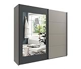Moderner Schwebetürenschrank 2-türig B225/H208/T65 cm, 2 Einlegeböden u. 2 Kleiderstangen höhenverstellbar, Kleiderschrank in Sand Grau mit Spiegeltür in Anthrazit / 22009