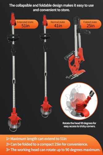 Cordless Weed Wacker,Electric Weed Eater,Grass Trimmer Cordless,2 Batteries,Lightweight and Foldable Design,Weed Erimmer,String Trimmers, Red