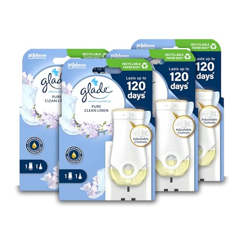 Glade Plug in Air Freshener Holder and Refill Electric Scented Oil Room Air Freshener Clean Linen Pack of 4 Starter Kits (4 x Holder and 4 x 20 ml Refill)
