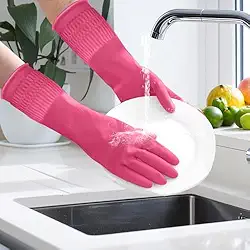 Luvas de borracha para limpeza com punhos longos, impermeáveis para lavar louça, luvas domésticas com aderência para cozinha e banheiro (rosa, P)