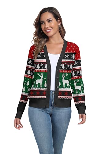 Image of Ugly Christmas Reindeer Cardigan Sweater Women Oversized Knit Open Front Tops Dear Christmas Reindeer Tree Funny X Mas 2024 Clothing Black L