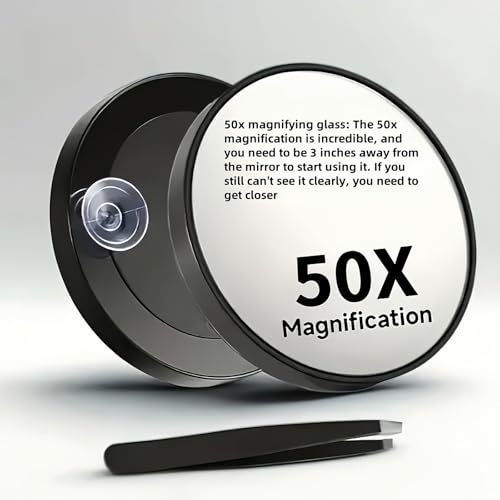 Image of 50X Magnifying Mirror, 8.8 * 8.8 * 2 CM Makeup Mirror with Precision Tweezers, Round Portable Mirror for Eyebrow Plucking, Blackhead Removal, Travel Grooming